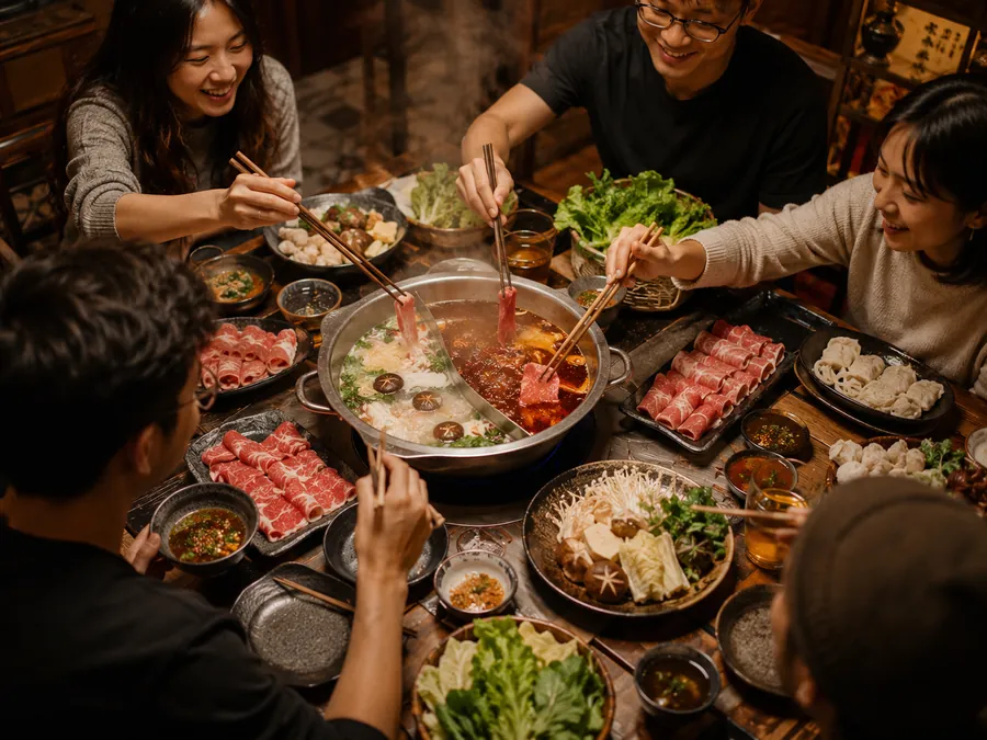 A shared hot pot steaming in the middle of the table, chopsticks all around
