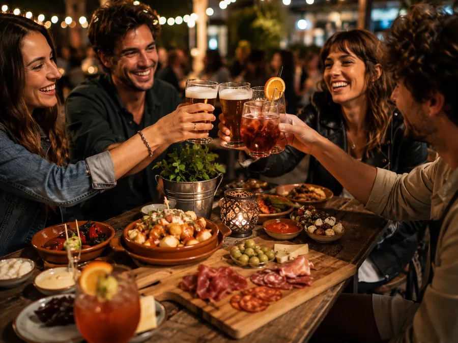 Friends clinking glasses over tapas on a terrace under string lights