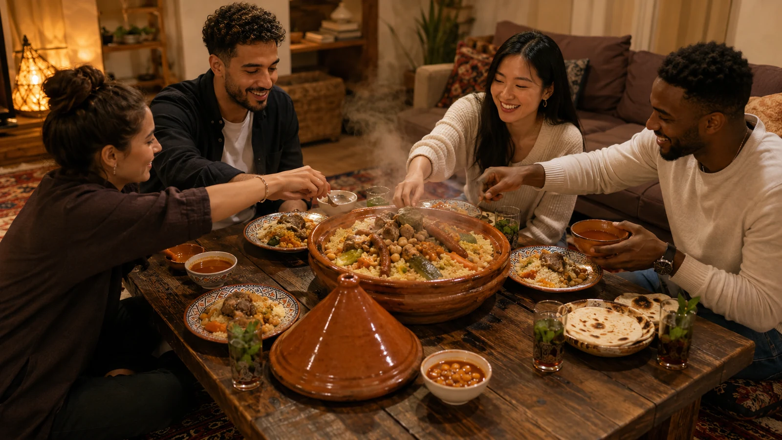 Four friends around a low table at home, hands reaching into a couscous still steaming in its dish