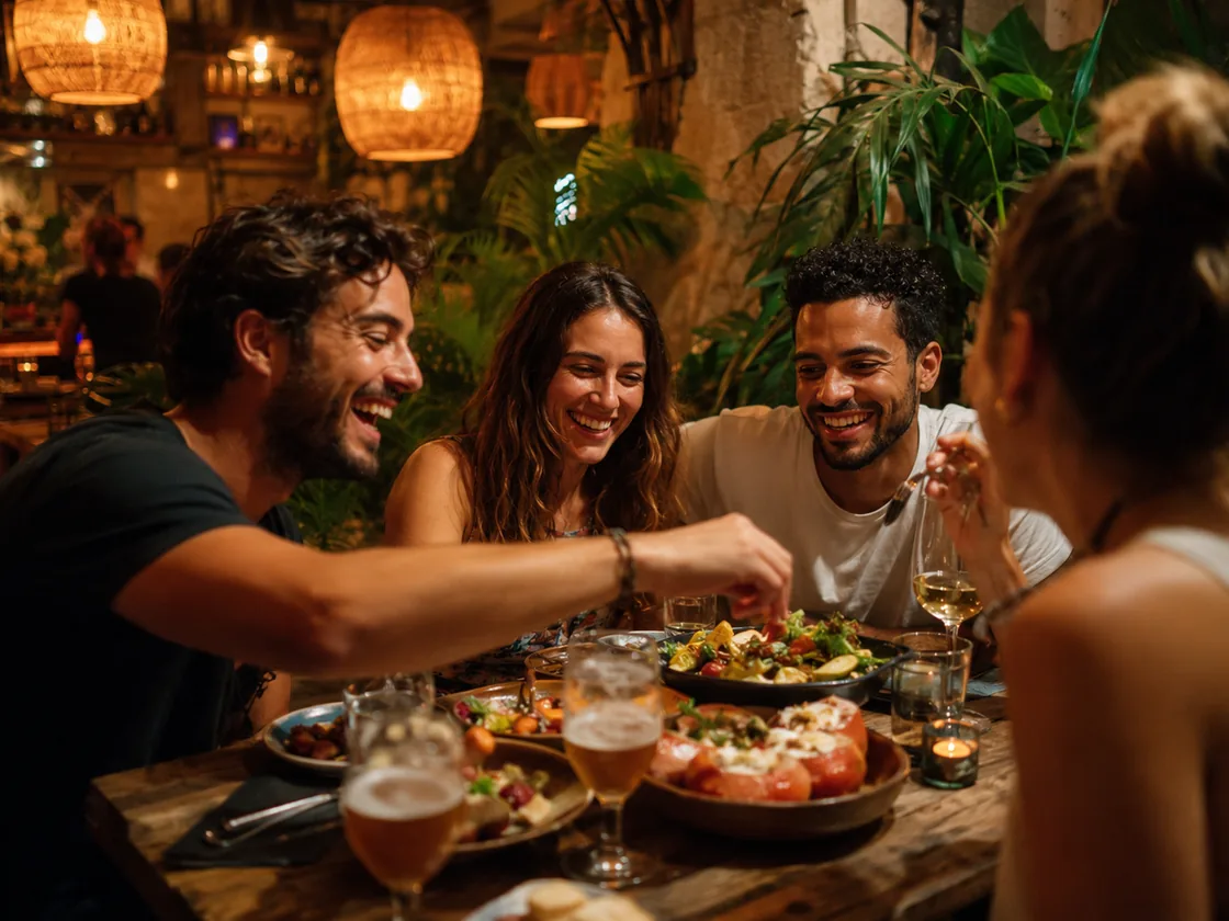 Friends sharing dishes at a long table under warm string lights